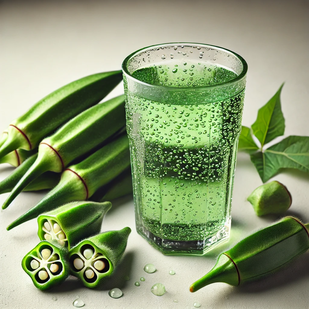 An inviting glass of Okra water, surrounded by fresh Okra pods, highlighting its natural and healthful properties