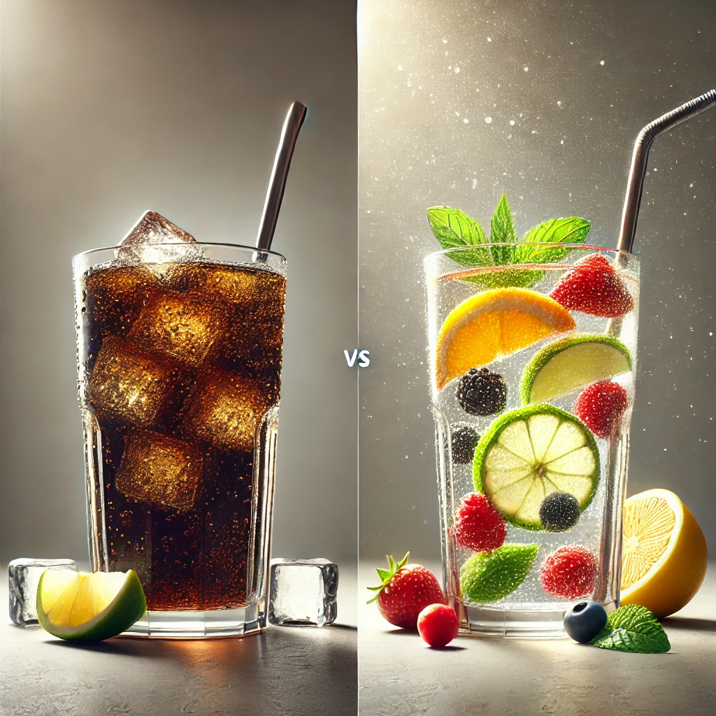 A glass of sugary soda next to a refreshing glass of fruit-infused water for a healthier choice.