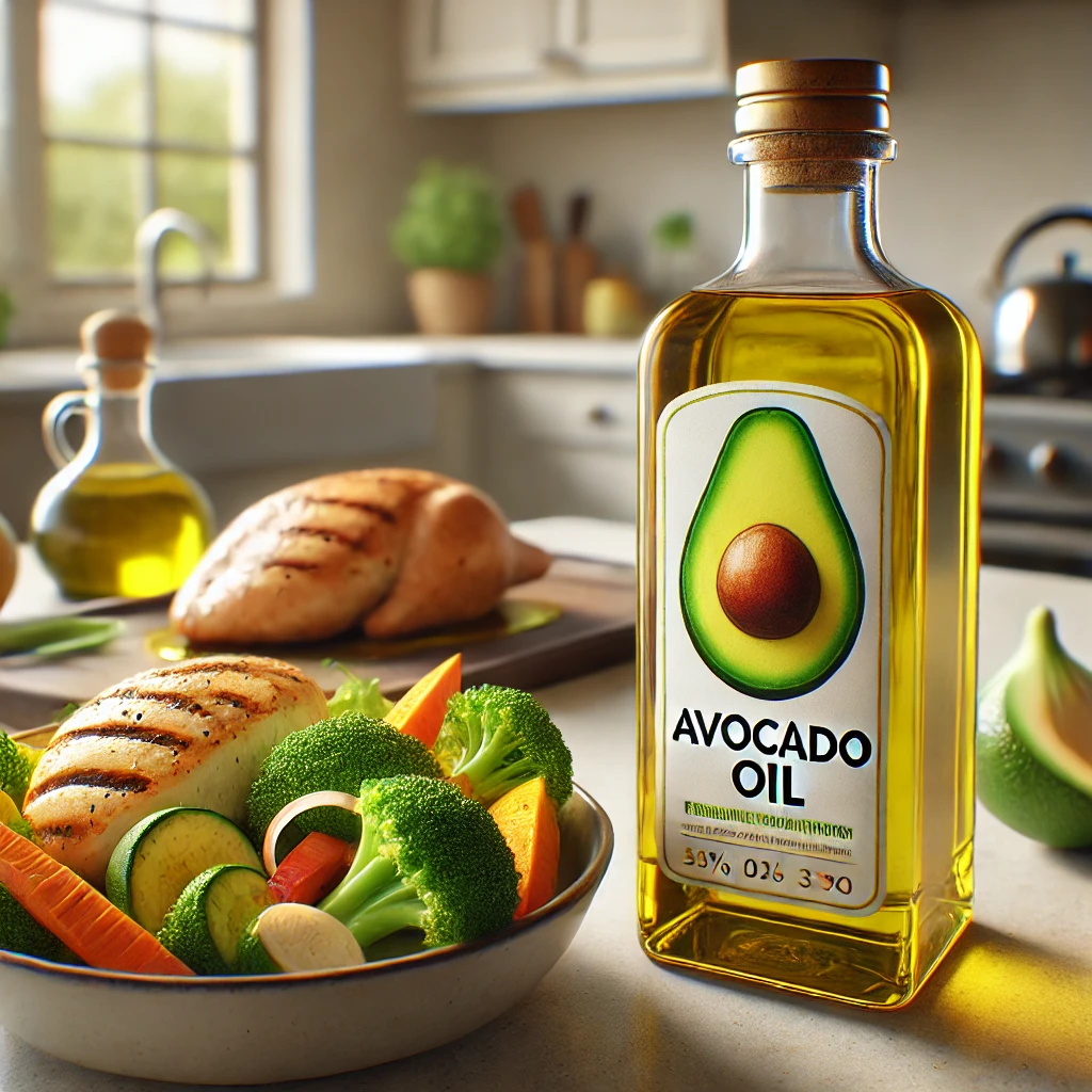 Avocado oil bottle, showing its suitability for high-heat cooking.