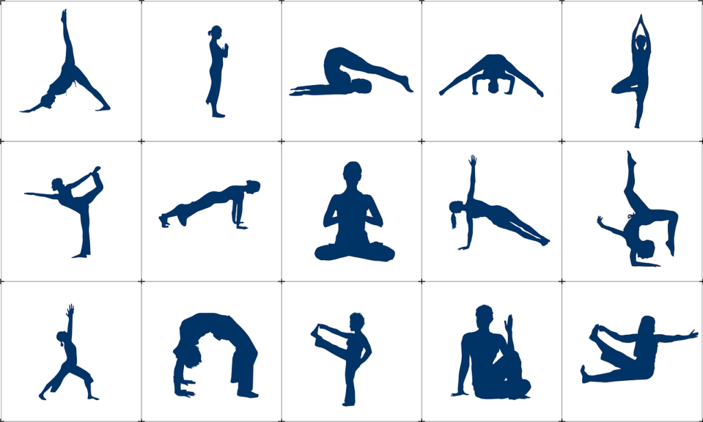 A person practicing various yoga positions to illustrate self-care and mental health practices.