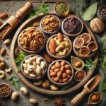 Flat lay of 5 weight-controlling dry fruits, including almonds, walnuts, figs, cashews, and pistachios, arranged on a wooden tray.