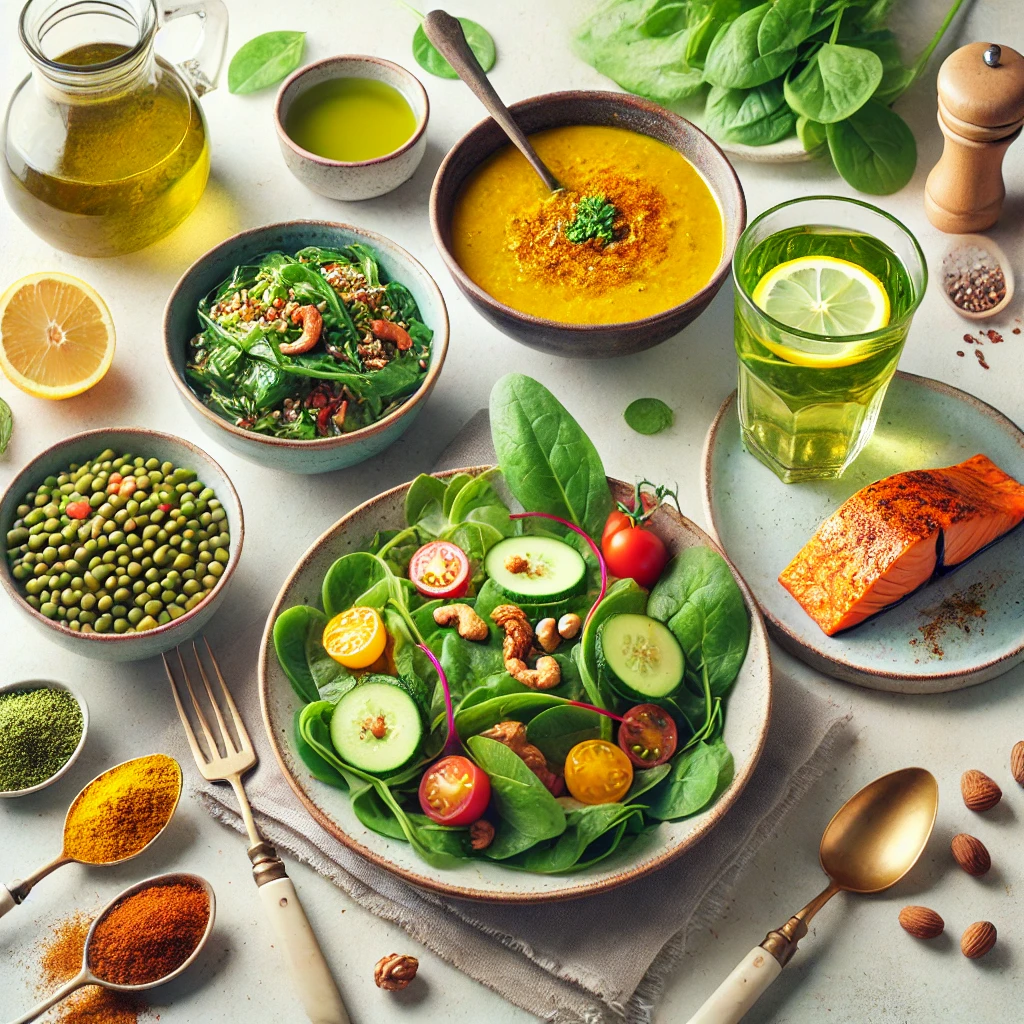 A beautiful spread of anti-inflammatory dishes showcasing the diversity of the diet.