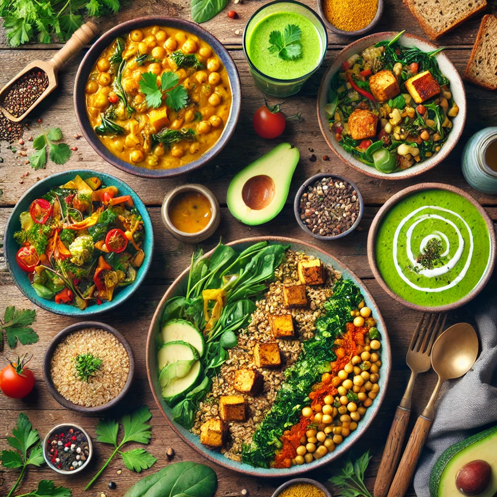 A variety of colorful vegan dishes including chickpea curry, Buddha bowl, lentil soup, tofu stir-fry, and avocado smoothie, highlighting healthy plant-based eating.