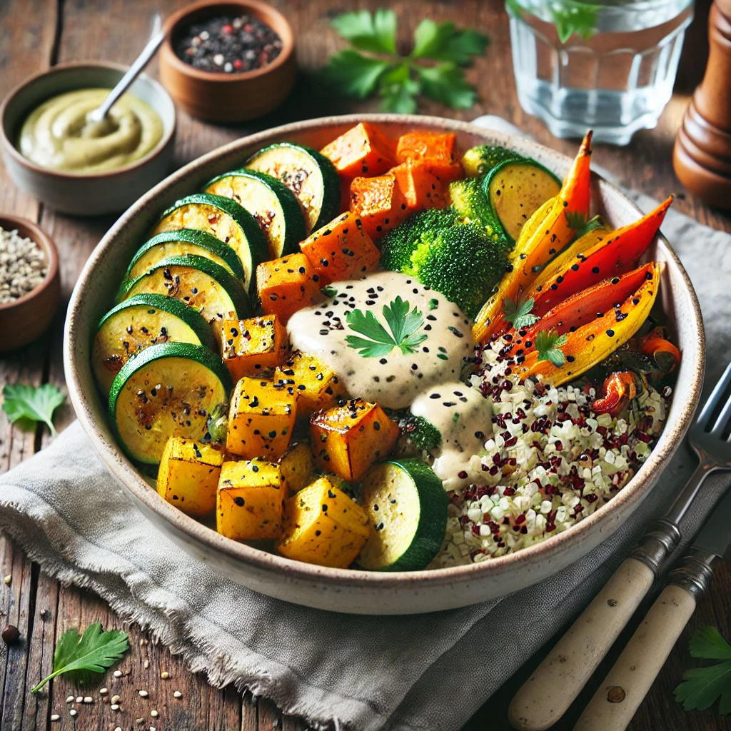 A vibrant vegan Buddha bowl with quinoa, roasted vegetables, and tahini dressing.