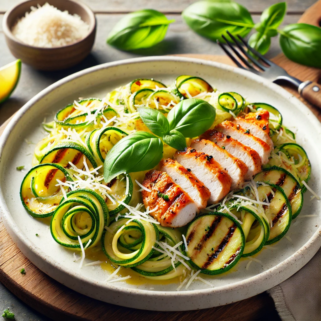 A colorful serving of zucchini noodles topped with grilled chicken and shredded parmesan