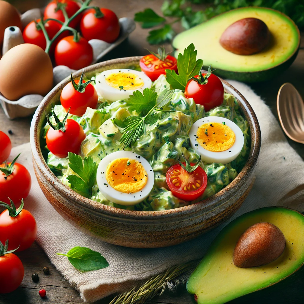 A bowl of creamy avocado and egg salad with fresh cherry tomatoes.