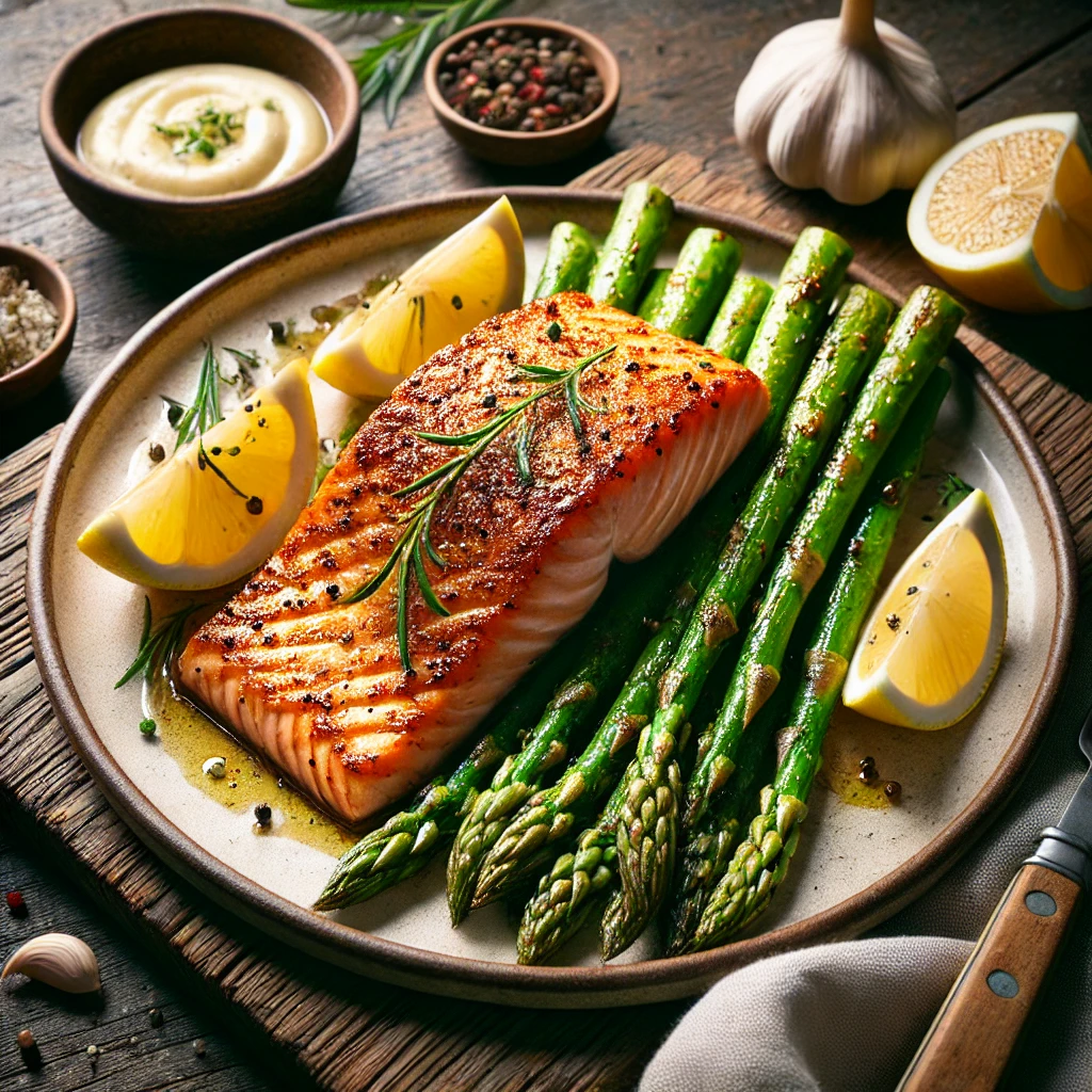 A golden, pan-seared salmon fillet with tender roasted asparagus.