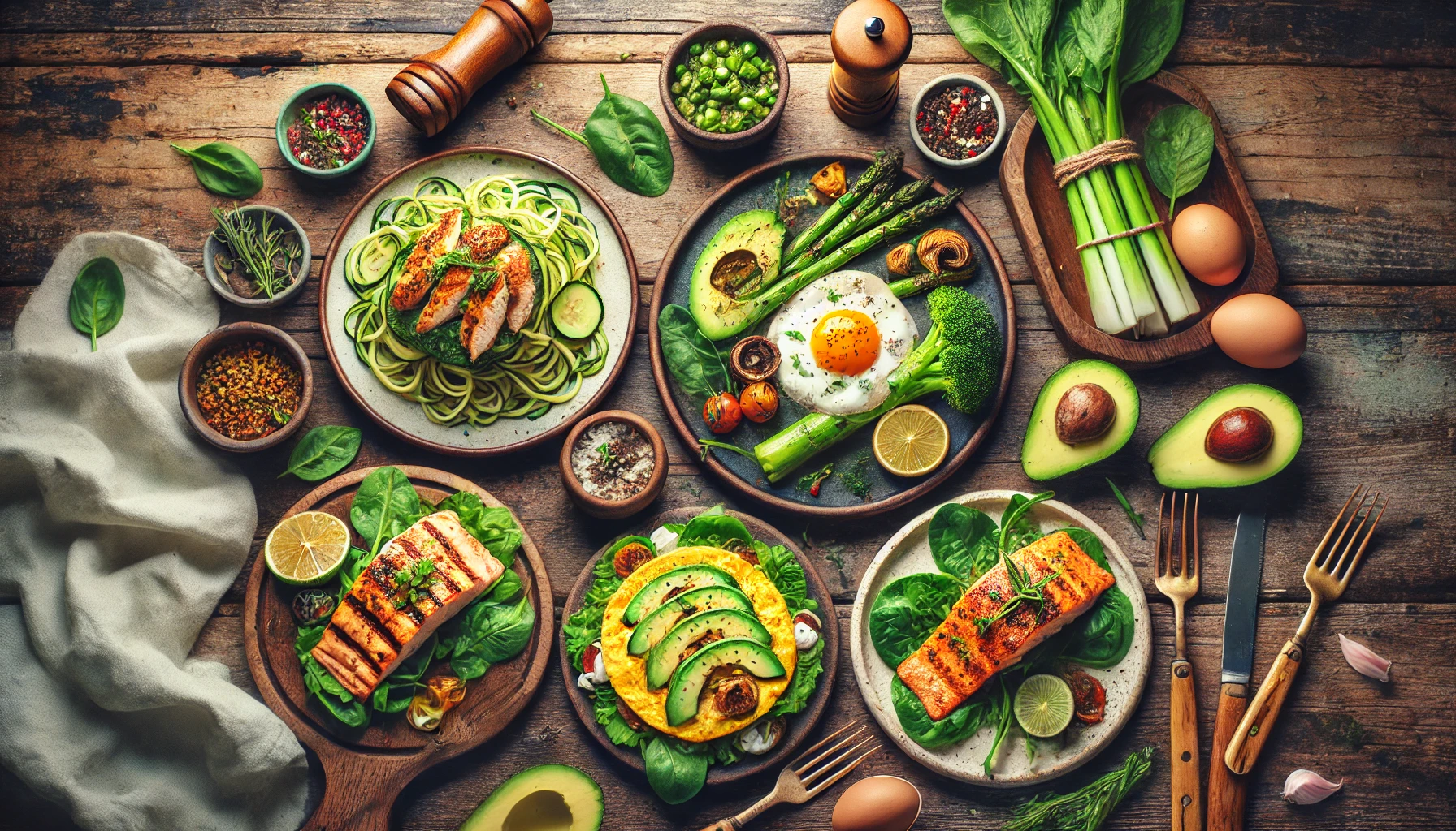 A flat lay of 5 low-carb meals, each showcasing colorful, fresh ingredients and vibrant textures.