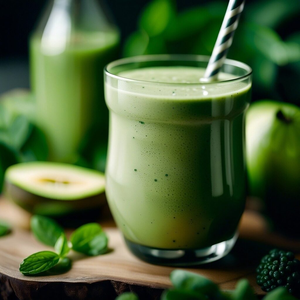 A creamy green avocado and spinach smoothie, perfect for a healthy vegan breakfast.