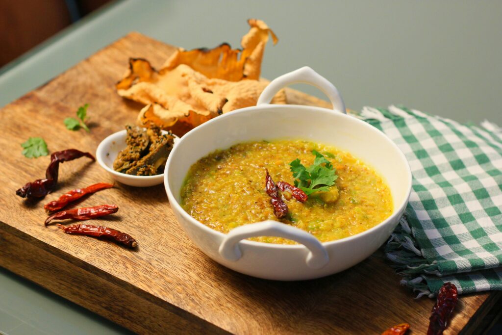 A bowl of Indian lentil and rice stew  also called Khichdi.