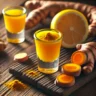 A golden turmeric shot in a glass, surrounded by fresh turmeric, ginger, and lemon.