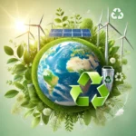 The Earth surrounded by greenery and renewable energy icons, representing solutions to global warming.