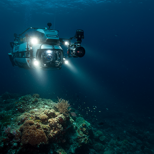 Submersible exploring the dark depths of the Pacific Ocean's Clarion-Clipperton Zone.
