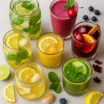 Seven healthy summer drinks in glass jars to lower bad LDL cholesterol naturally.