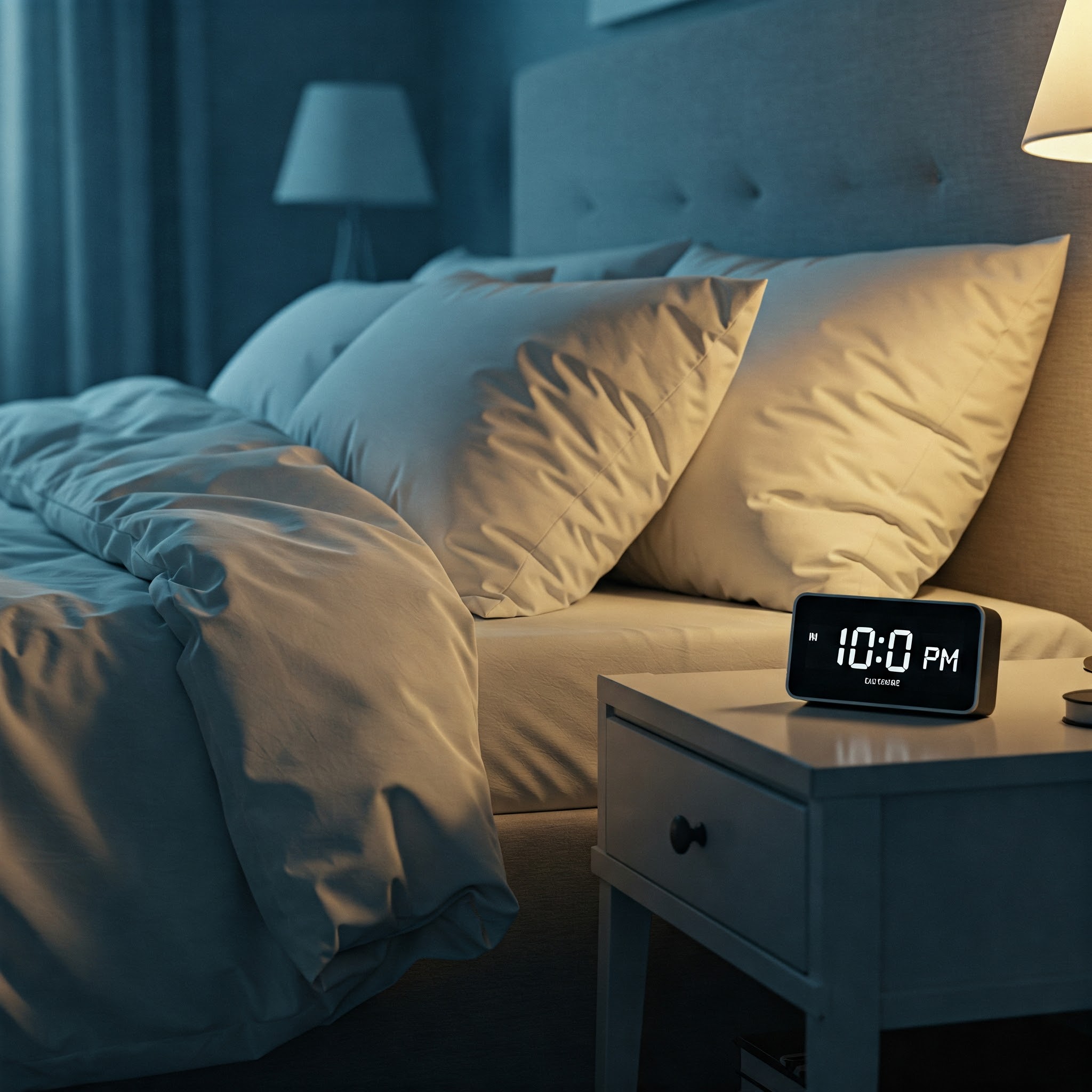 A serene bedroom setting with soft lighting and comfortable bedding, symbolizing optimal sleep quality.