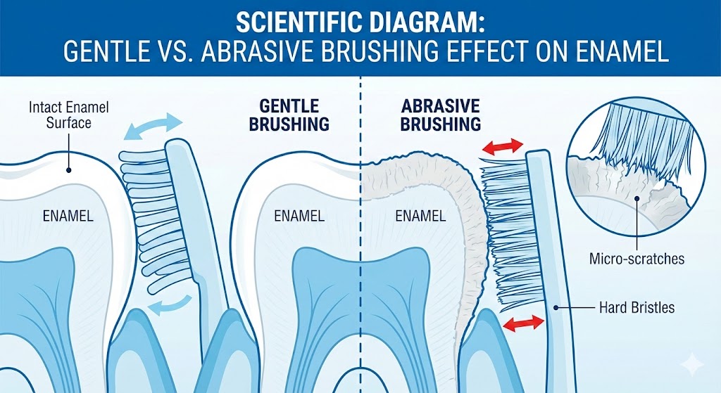 Scientific diagram showing gentle vs abrasive brushing effect on enamel